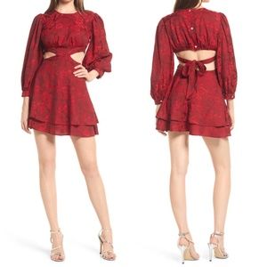 NEW RAHI Ruby Red FLORA Cutout Waist LONG SLEEVE Puff Sleeve MINI DRESS XL